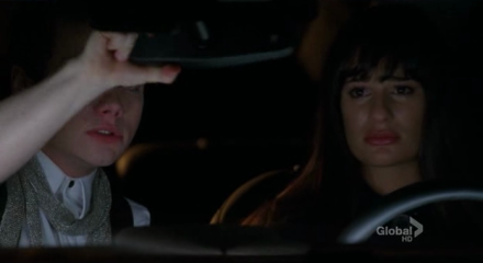 Kurt (Chris Colfer) and Rachel (Lea Michele) share an emotional moment in a car.